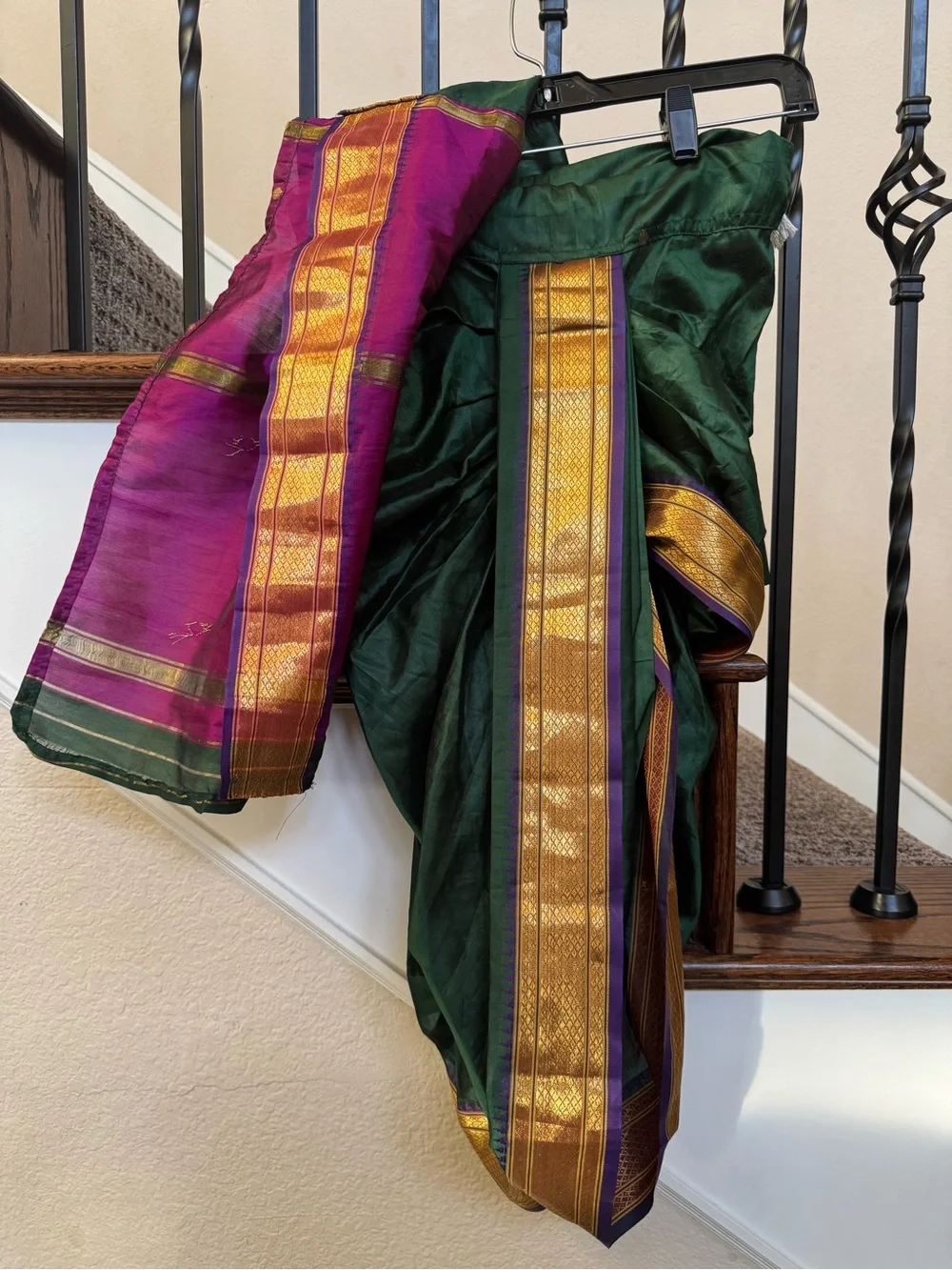 Traditional Green Silk Saree with Gold & Purple Border